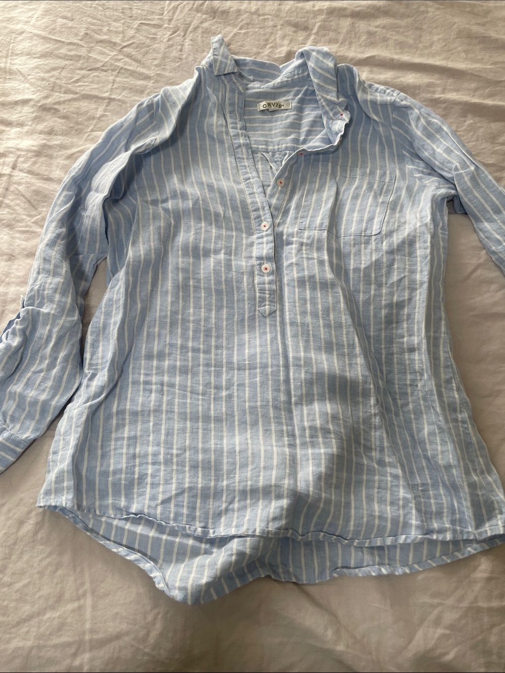 Orvis Light Blue and White Striped Button Henley